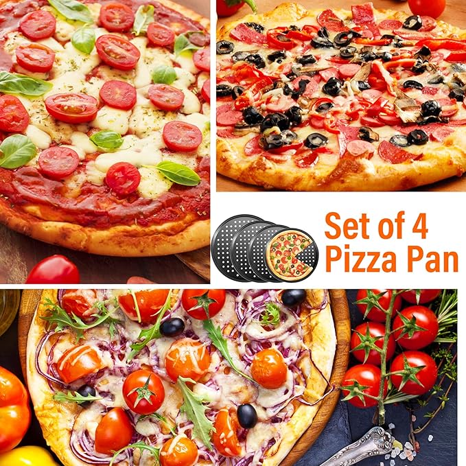 Round Pizza Pans with Holes, 4pc Set - Perforated Non-Stick Pizza Baking Pans for Oven, 9/10/11/12 Inch