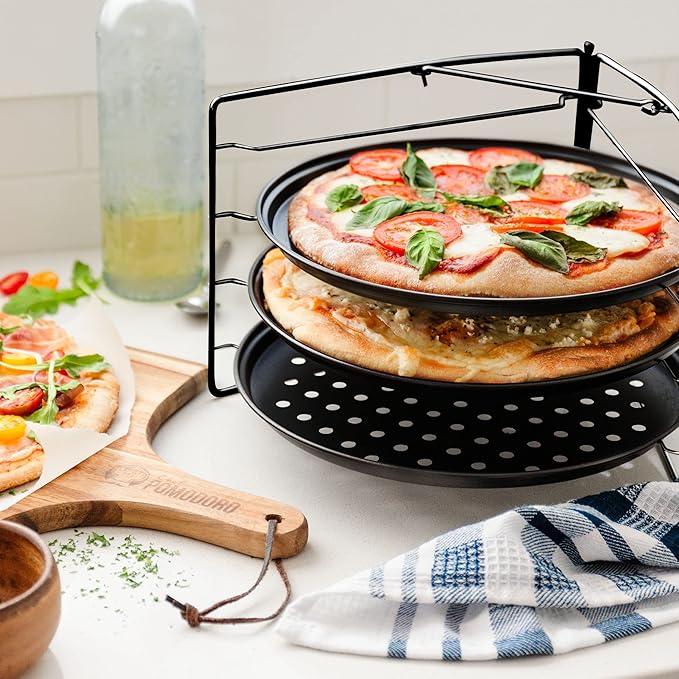 Chef Pomodoro Pizza Baking Set with 3 Pizza Pans and Pizza Rack, (11-Inch Pans), Non-stick Perforated Pizza Trays for Oven, Grill, Pizza Pan with Holes, Pizza Pan for Oven, Barbeque, Bakeware Supplies