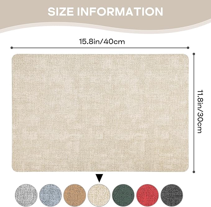 Vinly Placemats Set of 6 - Waterproof Wipeable Faux Leather Table Place Mats Heat Resistant Anti Slip Table Mats for Dining, Indoor, Outdoor, 15.8" x 11.8" (Beige)