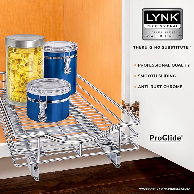 LYNK PROFESSIONAL® Pull Out Cabinet Organizer, 11" x 18" Slide Out Drawers for Kitchen Cabinets - Sliding Pull-Out Pantry Shelves – Home Shelf Organizers - Lifetime Ltd. Warranty, Chrome
