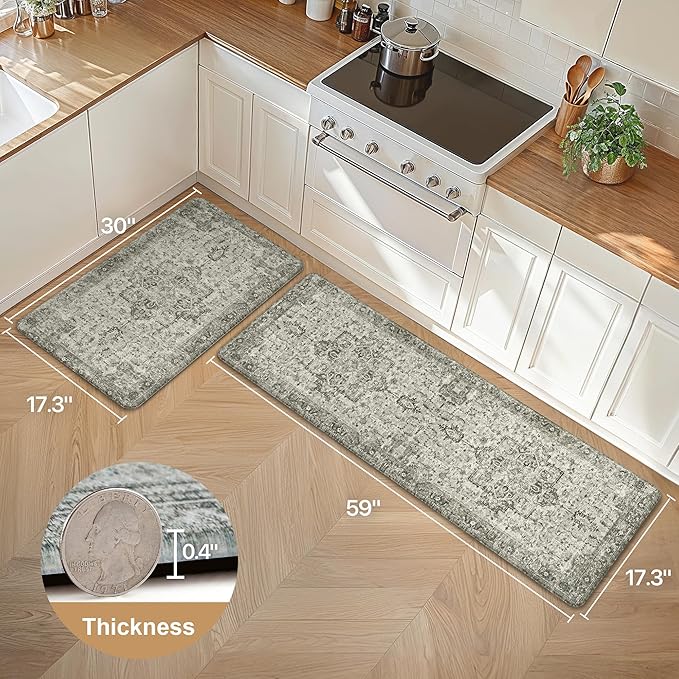 GENIMO Kitchen Mats for Floor 2PCs, Washable Anti Fatigue Mat for Cushioned, 17.3"x59"+17.3"x30", Waterproof Kitchen Rugs, Non Slip Standing Mat Rug for Home, Runner, Sink, Laundry, Vintage Grey