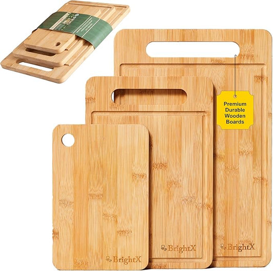BRIGHTX Premium 3pc Bamboo Cutting Boards for Kitchen - Small, Medium & Large Wooden Cutting Boards for Kitchen | BPA-Free, Dishwasher Safe Cutting Board Set | Best Non-Toxic Wood Cutting Board Set