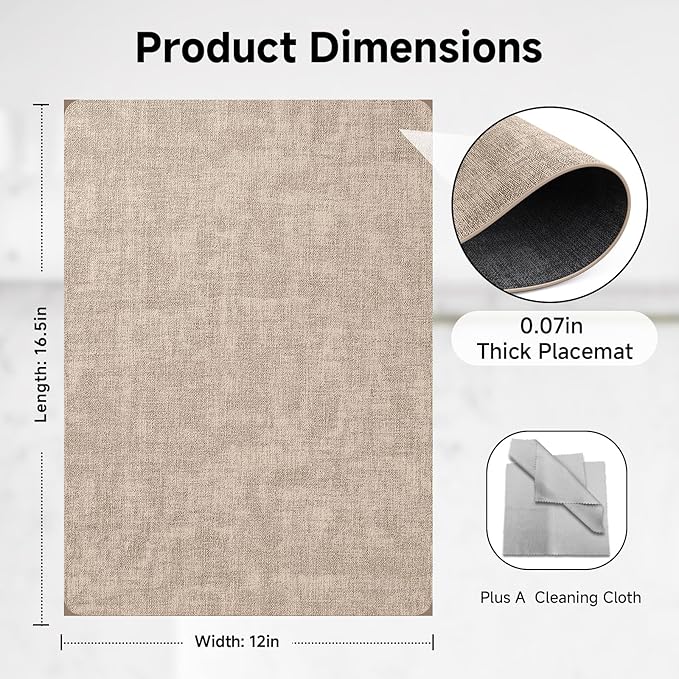 Faux Leather Vinyl Placemats Set of 4 Wipeable Heat Resistant Place Mats 100% Washable - Waterproof - Anti Slip Reversible Table Mats for Kitchen/Dining/Party/Outdoor, 12" x 16.5", Khaki & Black