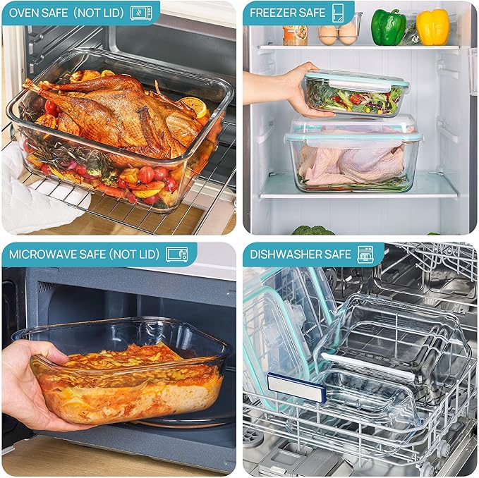 Vtopmart 220oz + 76.4oz Extra Large Glass Storage Containers Set, Meal Prep Food Container Sets with Snap Airtight Lids for Roasting Turkey, Rotisserie Chicken, Baking, Watermelon Storage, BPA Free