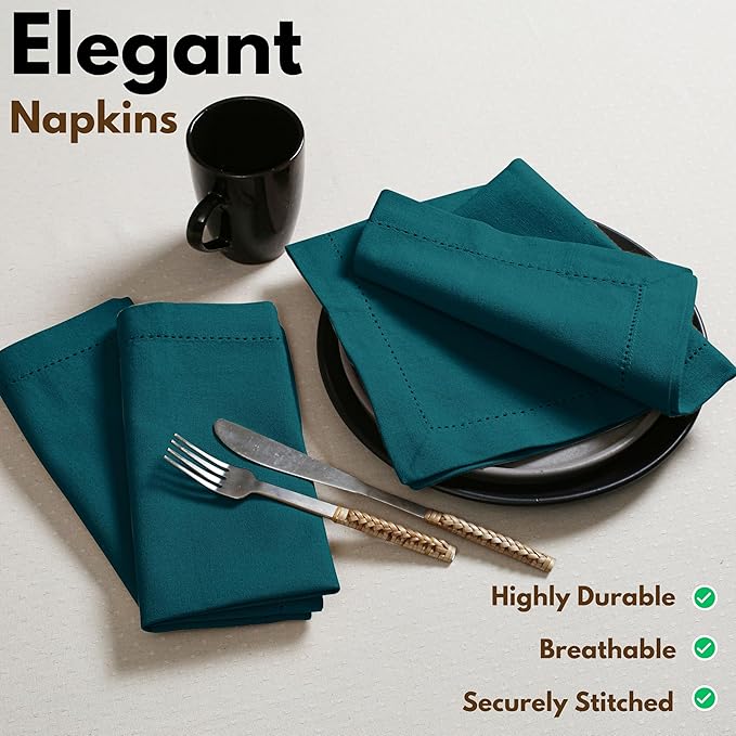 Native Fab Cloth Napkins Set of 4, 100% Cotton, Hemstitch Mitered Edges, Washable Fabric Napkins, 18x18 inch, Soft, Breathable, Reusable Hotel Quality Napkins for Events, Party, Dinner - Teal Green