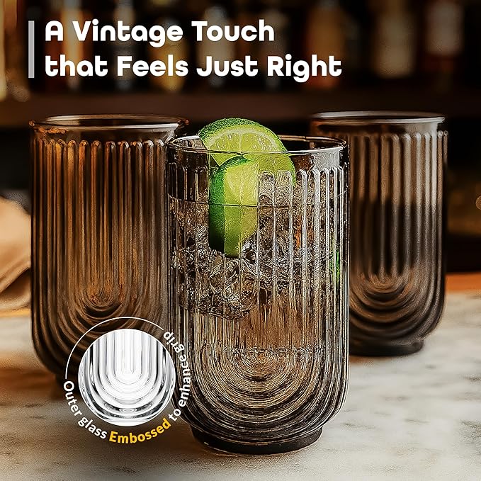 Vintage Glassware Art Deco Highball Glasses Set of 4 Smoke Ribbed Drinking Glasses 17 Oz Black U-Shape Arch Design Colored Cocktail Kitchen Tumblers