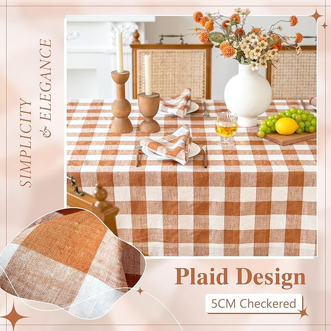 Linen World Checkered Tablecloth – Buffalo Plaid Linen Tablecloth 108" x 60" Inch,100% French Flax Table Cloth for Dining Table,Weddings,Thanksgiving & Christmas Decor,Rust Checkered