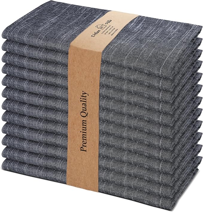 Urban Villa Dinner Napkins Black White Chambray Cloth Napkins (Set of 12) Oversized 20x20 Inches100% Cotton Slub Premium Quality Soft Durable Mitered Corners Reusable Washable Everyday Use Napkins