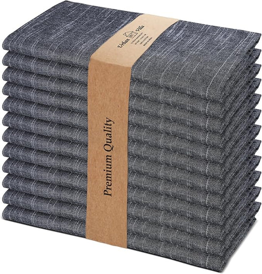 Urban Villa Dinner Napkins Black White Chambray Cloth Napkins (Set of 12) Oversized 20x20 Inches100% Cotton Slub Premium Quality Soft Durable Mitered Corners Reusable Washable Everyday Use Napkins