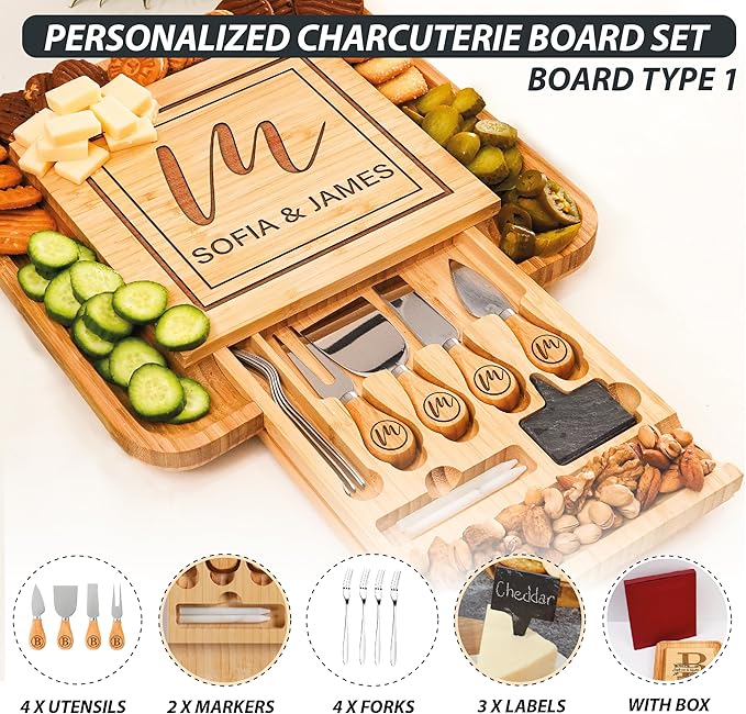 Personalized Charcuterie Board Gifts Set, Custom Large Cheese Board, Charcuterie Board for Wedding, Anniversary, Birthday, Housewarming, Engagement, Party, New Home Gift Couple, Fathers Day, Christmas