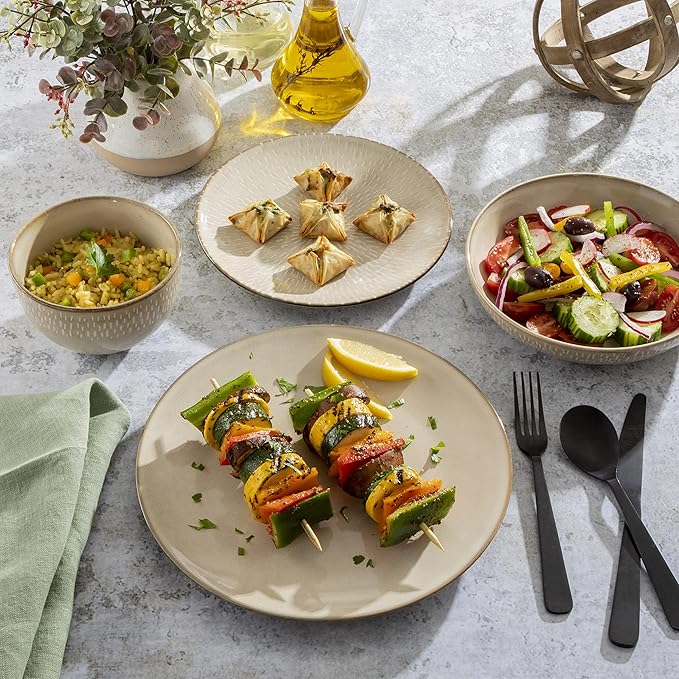 Gibson Elite Matisse 16-Piece Double Bowl Dinnerware Set – Service for 4, Taupe Stoneware Plates and Bowls