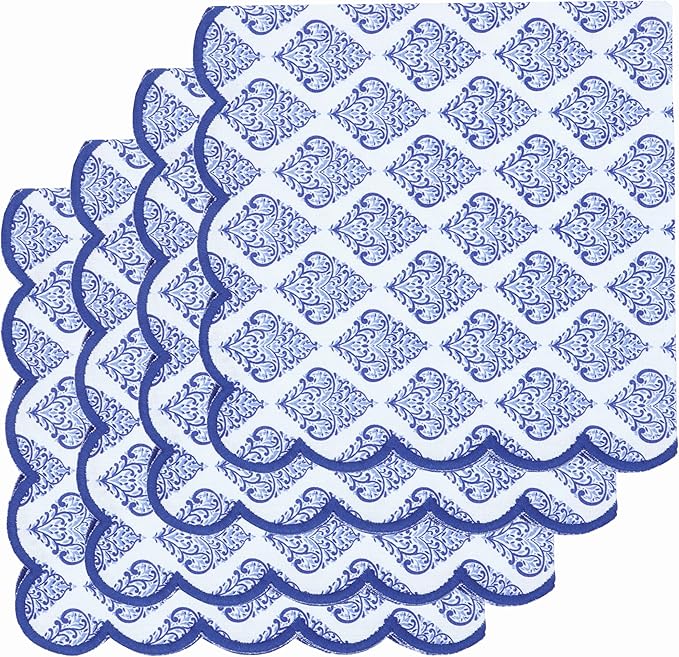 PurpleEssences Scalloped Embroidery Cloth Napkins Christmas Holiday Winter Table Decor 100% Cotton Set of 4-18 x 18 inch - Floral Paisley Edges - Blue