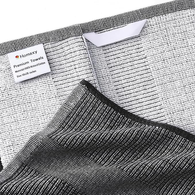 Homaxy Premium Kitchen Towels(18”x 28”, 12 Pack), Large Cotton Kitchen Hand Towels, Flat and Terry Dish Towels, 380 GSM Highly Absorbent Tea Towel Set with Hanging Loop, Black