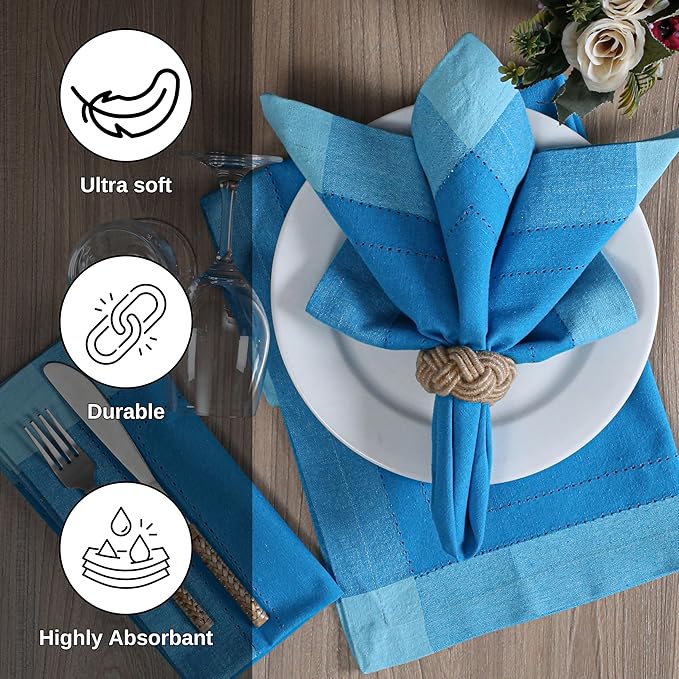 Bedding Craft Cotton Cloth Napkins Set of 12 – 20x20 Blue Multi Double Hemstitched – Machine Washable Dinner Napkins for Weddings, Parties & Father’s Day Celebrations