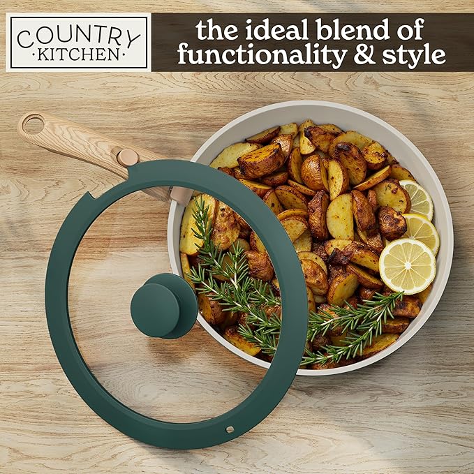 Country Kitchen Cookware Set with Removable Handle, Oven & RV Safe Pots and Pans Set, Sage Wood Handle, Original