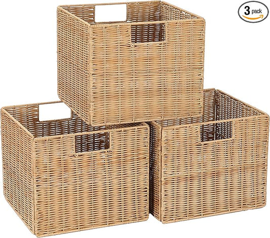 12X12X10in Plastic Wicker Storage Basket, Collapsible Wicker Cube Storage for Shelves, Woven Plastic Storage Basket for Pantry, Bedroom, Living Room, Bathroom, Shelves-3 Pack