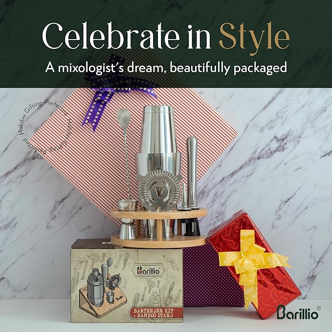 Barillio Gold Mixology Bartender Kit with Stand - Cocktail Shaker Set with Bamboo Stand, Boston Drink Shaker, Mojito Muddler, and Drink Mixer Spoon - 9-Piece Bar Tools Set - Bar Accessories for Home