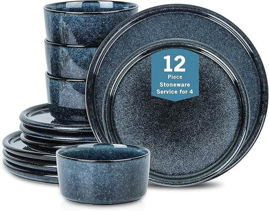 Stone Lain Eden 12-Piece Dinnerware Set Stoneware, Plates and Bowls Set, Dishwasher and Microwave Safe Dish, Dish Set for 4, Dark Blue