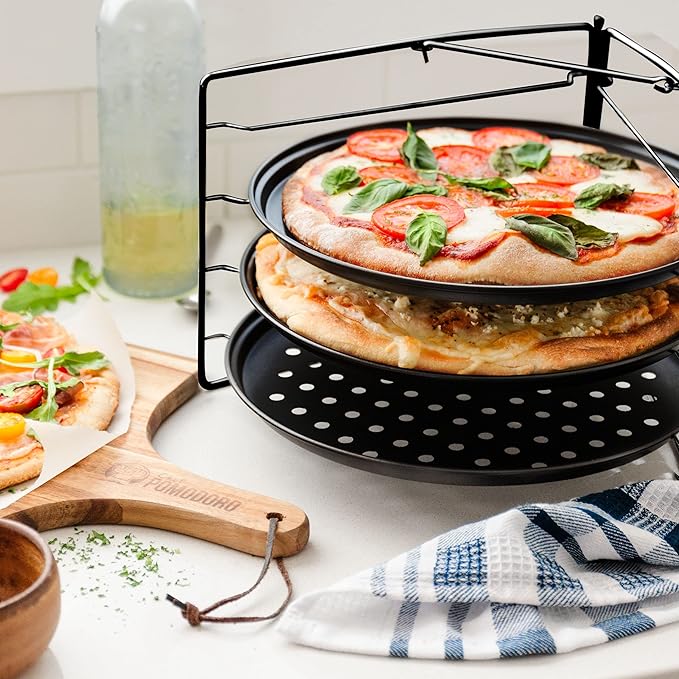 Chef Pomodoro Pizza Baking Set with 3 Pizza Pans & Pizza Rack, 13-Inch, Non-stick Pizza Stand & Pizza Tray for Oven, Grill, Pizza Pan with Holes, Perforated Pizza Pan for Oven, Barbeque