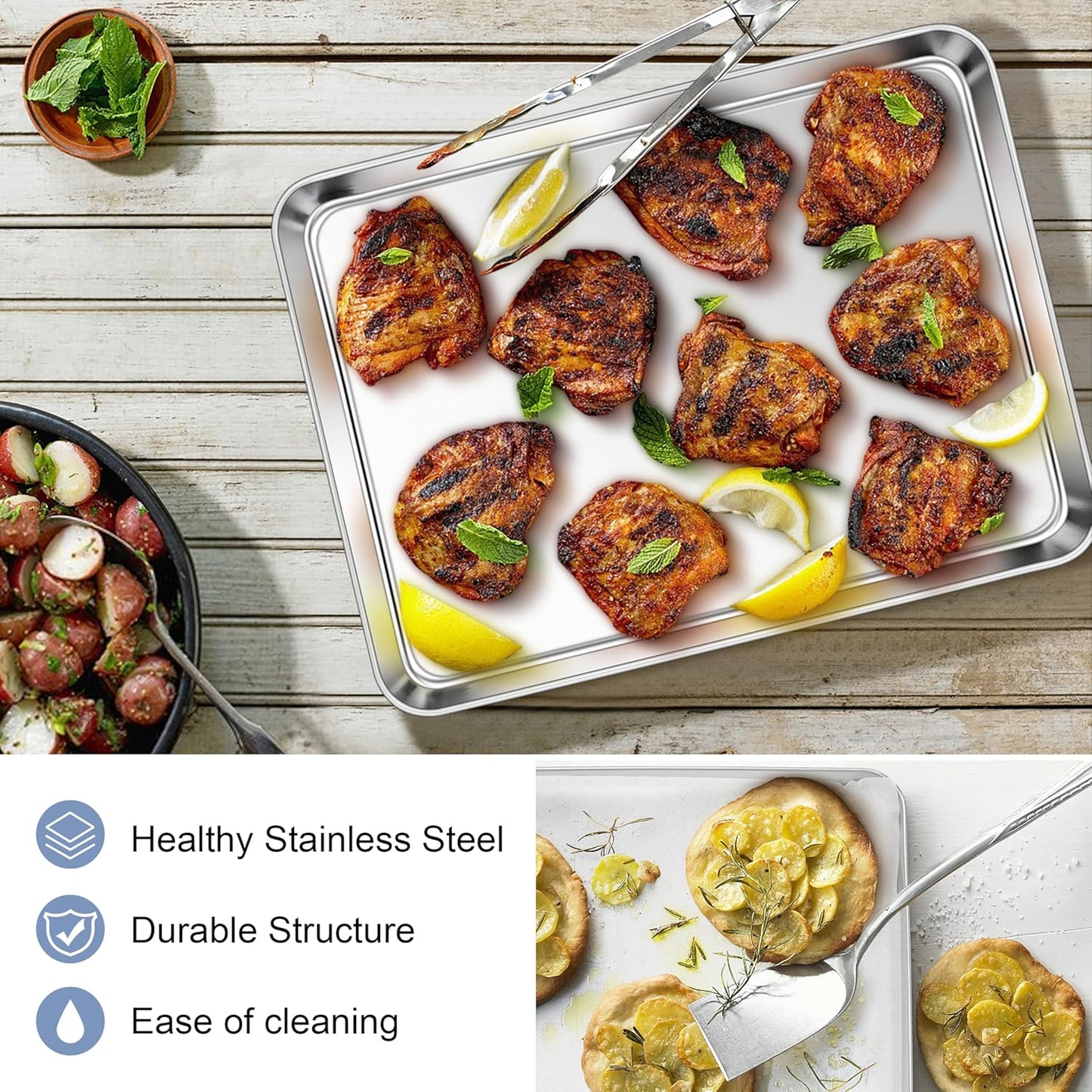 E-far Stainless Steel Baking Sheet, 12.4” x9.7” Baking Cookie Sheet Pan for Oven, Non-toxic Metal Toaster Oven Tray for Cake Cookie, Healthy & Rust Free, Mirror Finish & Dishwasher Safe, 1 Pack