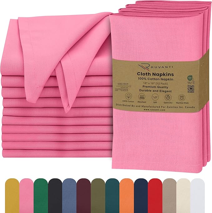 Ruvanti Cloth Napkins Set of 12, 18x18 Inches, 100% Cotton, Washable, Soft & Absorbent, Perfect for Wedding, Christmas, ‎Thanksgiving Dinners - Pink