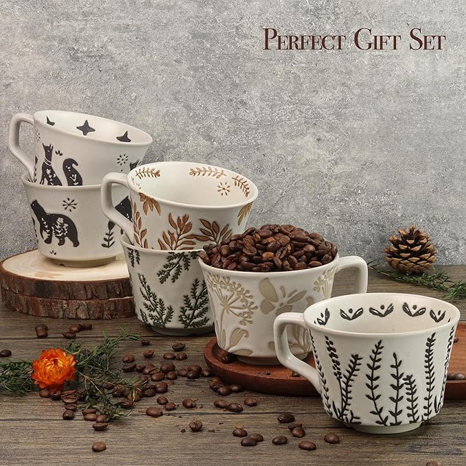 Ceramic Coffee Mug, 12 oz Novelty Unique Teacup with Large Handle, Stoneware Cup for Tea Mocha Latte Cappuccino Espresso (Set of 2, Fox and Bear)