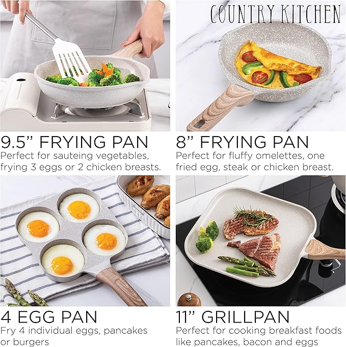 Country Kitchen Non-Stick Cast Aluminum Cookware Set - Durable Kitchen Cookware for Everyday Cooking, Cream, 13 Pc.