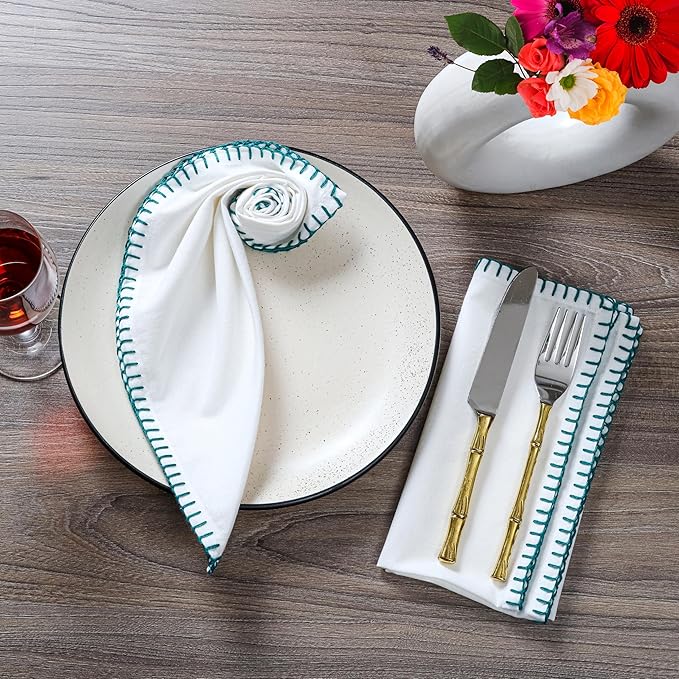 Bedding Craft Cotton Cloth Dinner Napkins Set of 12 –18x18 Funfare Multi-Color Fabric Napkins with Blanket Stitch Selvedge – Washable Wedding Napkins for Parties, Restaurants, Dining & Table Settings