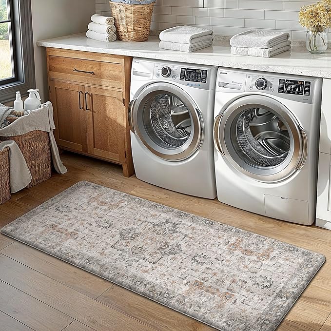 GENIMO Kitchen Mats for Floor 2PCs, Washable Anti Fatigue Mat for Cushioned, 20"x48"+20"x32", Waterproof Kitchen Rugs, Non Slip Comfort Standing Mat Rug for Home, Sink, Laundry, LightTaupeBrown