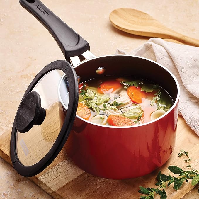 Tramontina Aluminum Non Stick 6-Piece Nesting Sauce Pan Set with Lids - Red, Kitchen Nonstick Cookware Set, Dishwasher and Oven Safe