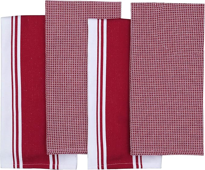 AMOUR INFINI Cotton Kitchen Towels Set of 4 Highly Absorbent, Ultra Soft Waffle Weave Tea Towel with Hanging Loop - 20x28 Inch Quick Drying Dish Cloths for Cleaning (Red)