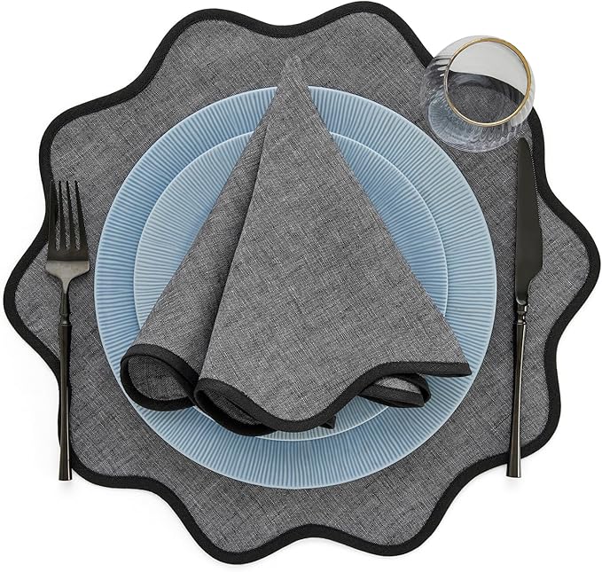 Solino Home Linen Scallop Cloth Napkins Set of 4-100% Pure Linen Black and Charcoal Grey Dinner Napkins 20 Inch for Thanksgiving - Giselle Scallop Edge, Handcrafted and Machine Washable