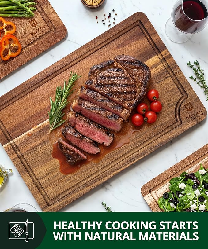 ROYAL CRAFT WOOD Acacia Wood Cutting Boards Set of 3 – Premium Wooden Cutting Boards for Kitchen Meal Prep & Serving - Charcuterie & Chopping Butcher Block for Meat with Deep Juice Groove Side Handles
