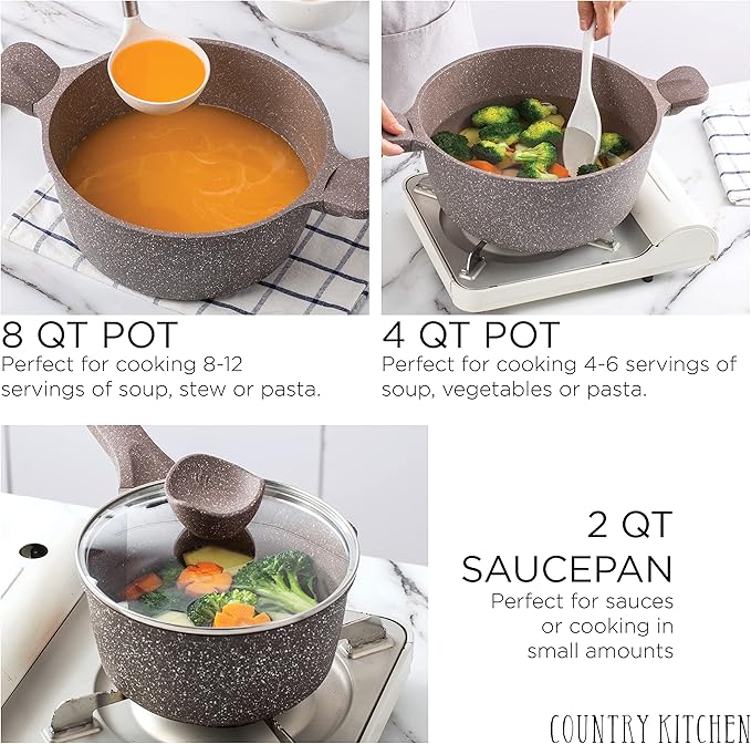 Country Kitchen Non-Stick Cast Aluminum Cookware Set - Durable Kitchen Cookware for Everyday Cooking, Chocolate Brown, 8 Pc.