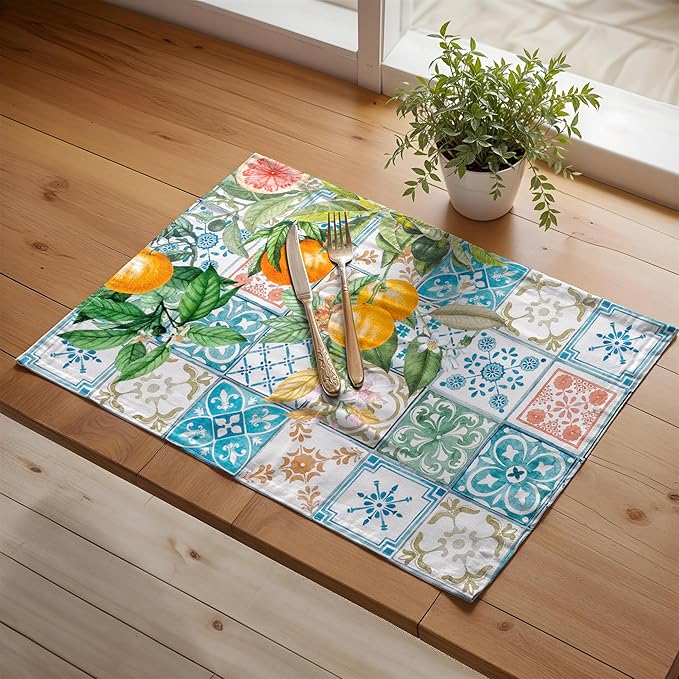 Maison d' Hermine Placemats Set of 4 100% Cotton Washable Cloth Place Mats, Reusable Table Mats for Kitchen Dining Decoration, Party, Wedding, Restaurant Spring/Summer (Agrume, 13" x 19")