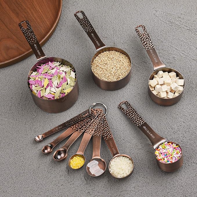 Smithcraft Copper Measuring Cups and Spoons Set 14, Stainless Steel Measuring Cups and Spoons for Baking&Kitchen, Metal Metric&US Dry&Liquid 5 Measure Cups & 6 Spoons with Leveler&Conversion Chart