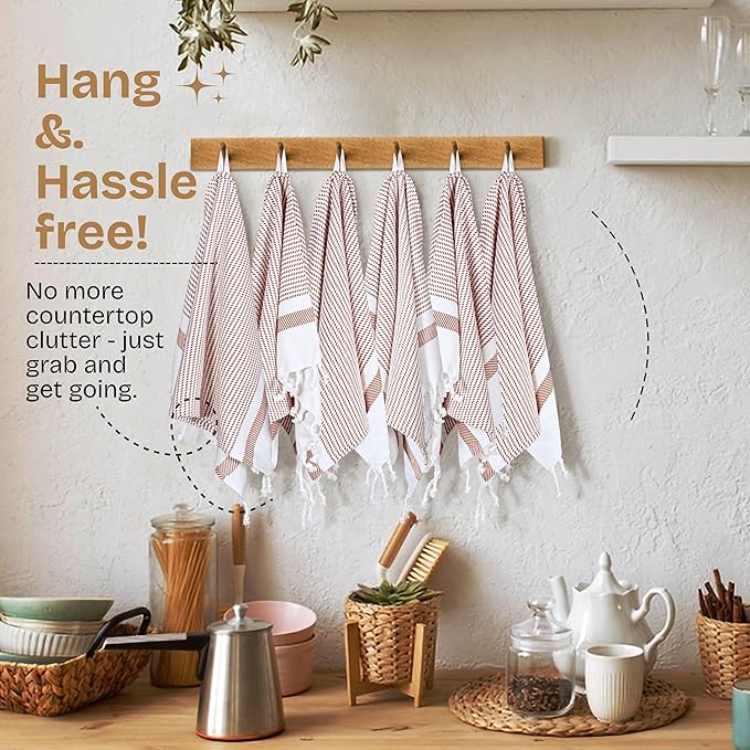 Brown Turkish Kitchen Towels 16x26 Inch, 5 Pack, 100% Cotton, Ultra Absorbent, Soft, Fast Dry, Machine Washable, Dish Towel with Tassels for Drying Dishes, Cleaning, Everyday Use
