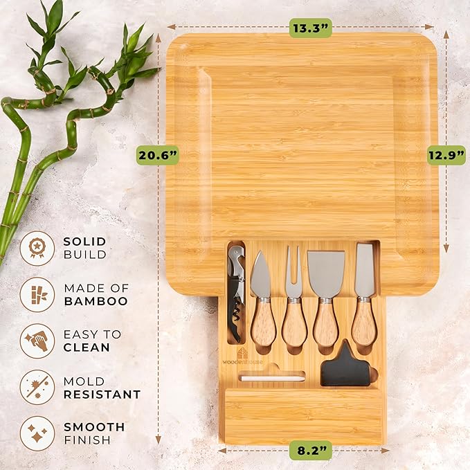 Woodenhouse Bamboo Charcuterie Boards Gift Set - Meat and Cheese Tray with Utensils Included - Bamboo Cheese Platter - House Warming Gifts New Home Couples & Family, Wedding Gifts