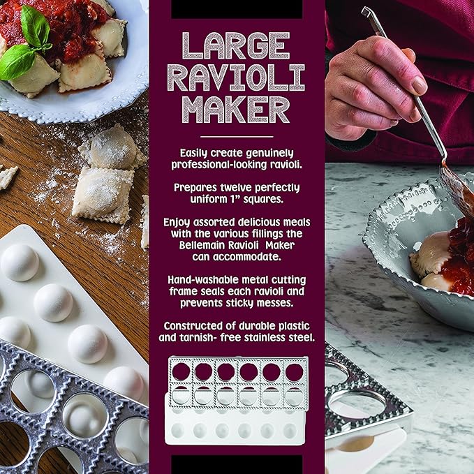 Bellemain Ravioli Maker Press | Pelmeni Mold, Pierogi Press, Potsticker Meat Pie Dumpling Maker, Ravioli Stamp Pasta Making Kit, Pasta Making Tools, Ravioli Press Mold | Makes 12 Ravioli, 1. 5”