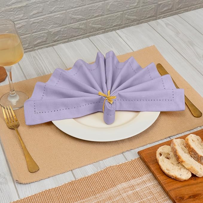 Blue Needles Set of 6 Hemstitch Linen Napkins 100% Cotton Lavender Cloth Dinner Napkins 18x18 inches, Soft, Reusable, Absorbent, Washable, Ideal for Fall Thanksgiving Events, Parties & Everyday Use