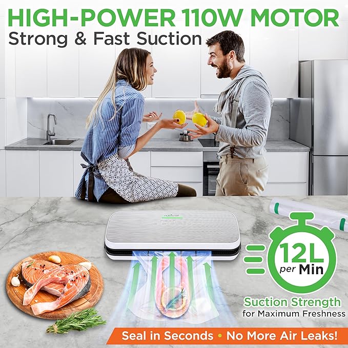 NutriChef Vacuum Sealer For Food - Automatic Air Sealing Machine for Dry & Moist Foods, LED Touch Controls, Includes Vacuum Bags, Hose & Wine Stopper, High Suction Power