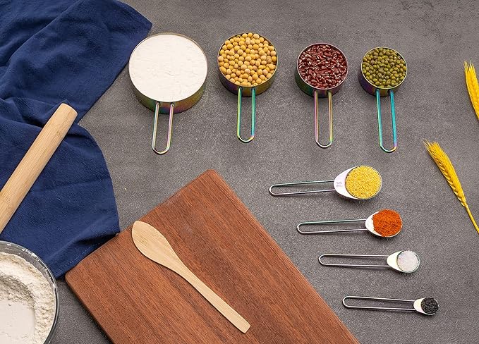 WELLSTAR Measuring Cups and Spoons Set of 8, Food Grade 18/8 Stainless Steel Measure set for Dry Liquid Measurement, Rainbow Titanium Coated Kitchen Gadgets for Cooking Baking, 4 Cup and 4 Spoon