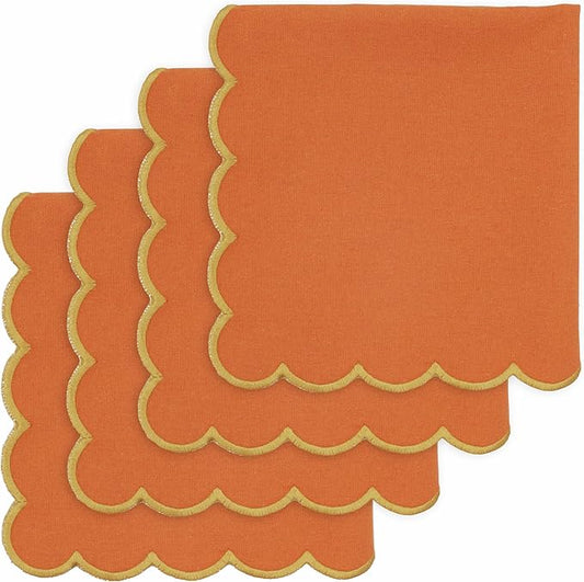 PurpleEssences Scalloped Embroidery Cloth Napkins Christmas Holiday Winter Table Decor 100% Cotton Set of 4-18 x 18 inch - Orange - Edges - Golden Yellow