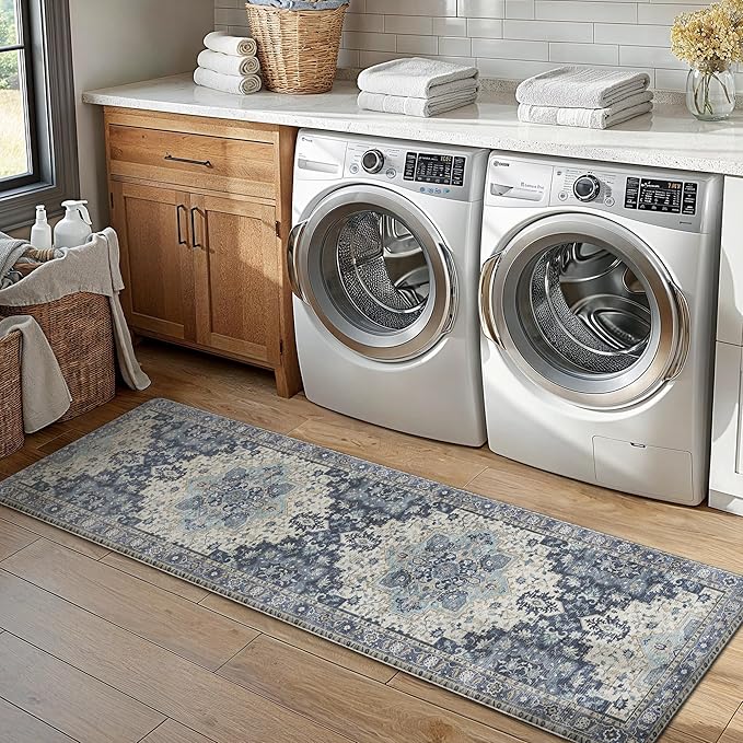 GENIMO Kitchen Mats for Floor, Washable Anti Fatigue Mat for Cushioned, 17.3"x59", Waterproof Kitchen Rugs, Non Slip Foam Comfort Standing Mat Rug for Home, Runner, Sink, Laundry, Center Blue