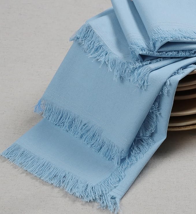 Bedding Craft Cotton Cloth Dinner Napkins Set of 12 – 18x18 Airy Blue with Fringed Corners – Machine Washable Fabric Napkins for Weddings, Baby Showers, Parties & Table Décor