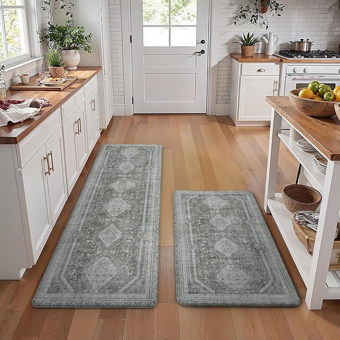 GENIMO Kitchen Mats for Floor 2PCs, Washable Anti Fatigue Mat for Cushioned, 17.3"x59"+17.3"x30", Waterproof Kitchen Rugs, Non Slip Comfort Standing Mat Rug for Home, Sink, Laundry, Grey