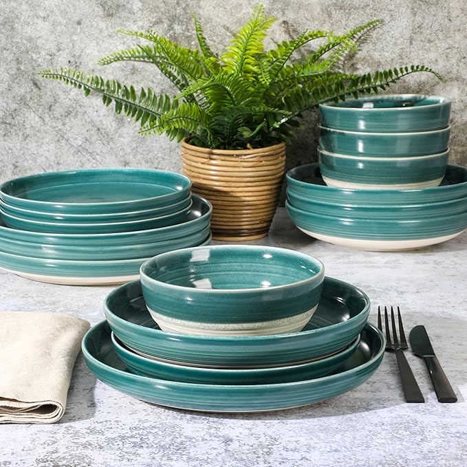 Gibson Elite Clarina 16 Piece Double Bowl Stoneware Reactive Glaze Round Plates and Bowls Dinnerware Set - Teal