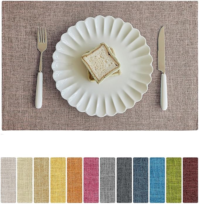 Softalker Faux Linen Placemats Set of 12-12 x 18 Inch, Heat Resistant Double Layered Durable Burlap Farmhouse Place Mats, Non-Slip Washable Table Mats for Dining, Kitchen, Party,Natural Linen