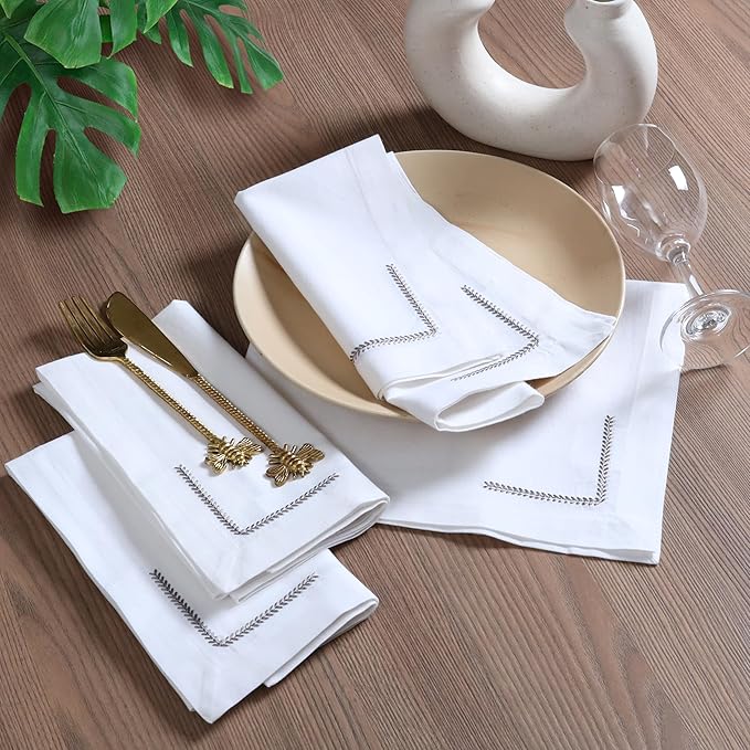 Bedding Craft Cotton Cloth Dinner Napkins Set of 12 – 18x18 with Decorative Embroidery & Selvedge – Machine Washable Fabric Napkins for Weddings, Baby Showers, Christmas & Easter