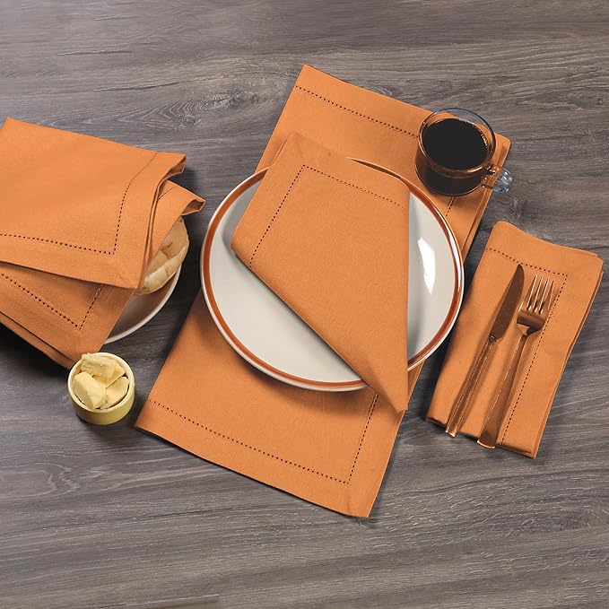 Bedding Craft Cotton Cloth Dinner Napkins Set of 12 – 18x18 Desert Sun with Frayed Fringe – Machine Washable Fabric Napkins for Weddings, Baby Showers, Parties & Everyday Dining